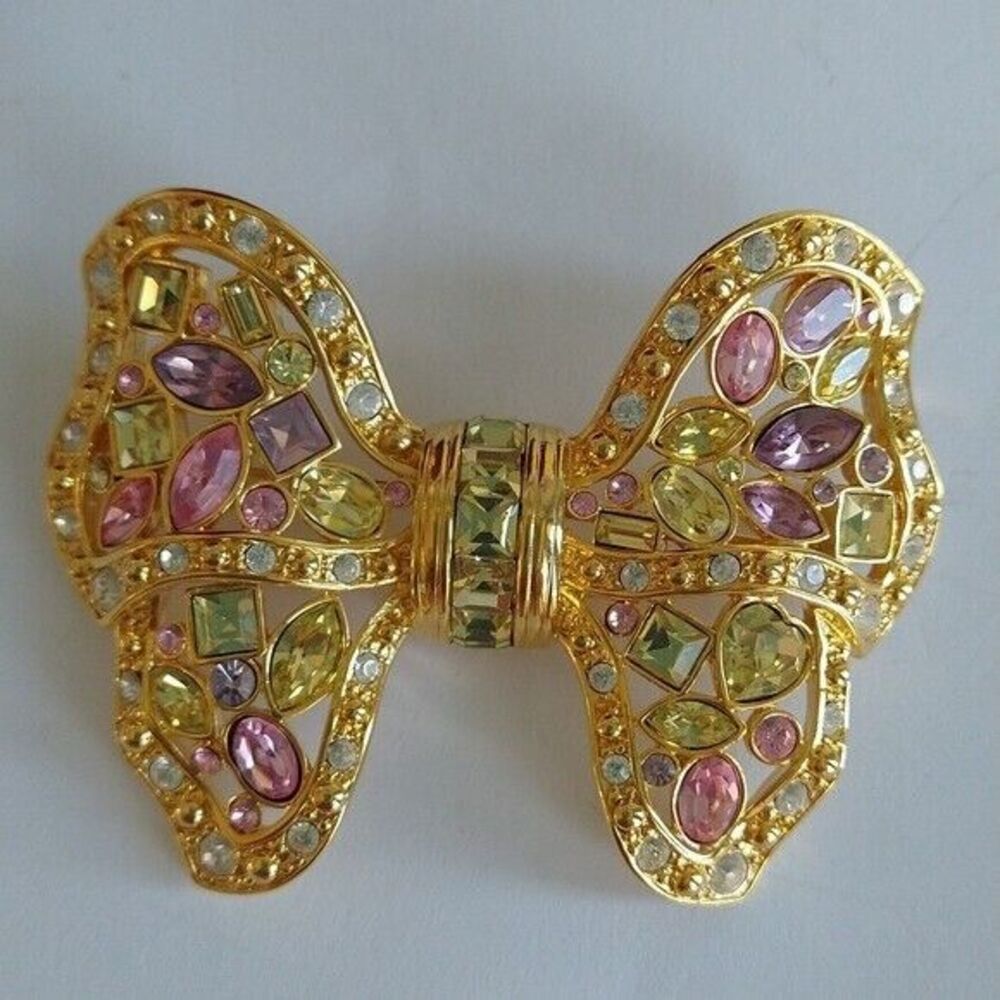 Vintage Nolan Miller Butterfly Bow Crystal Brooch Pin Easter Pastel Colors